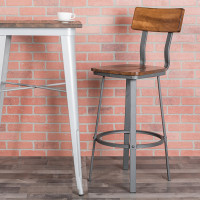 Flash Furniture XU-DG-60582B-GG Flint Series Rustic Walnut Restaurant Barstool with Wood Seat & Back and Gray Powder Coat Frame 